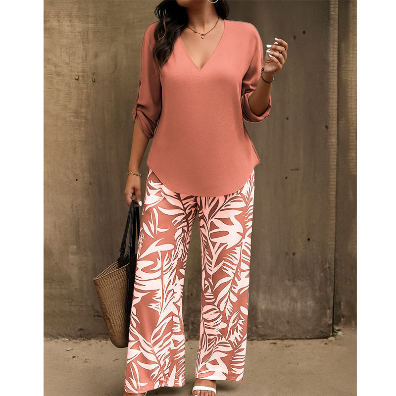 💖LAST DAY SALE: 70% Off !!💖Women's V-Neck Blouse & Printed Wide-Leg Pants Set