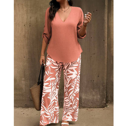 💖LAST DAY SALE: 70% Off !!💖Women's V-Neck Blouse & Printed Wide-Leg Pants Set
