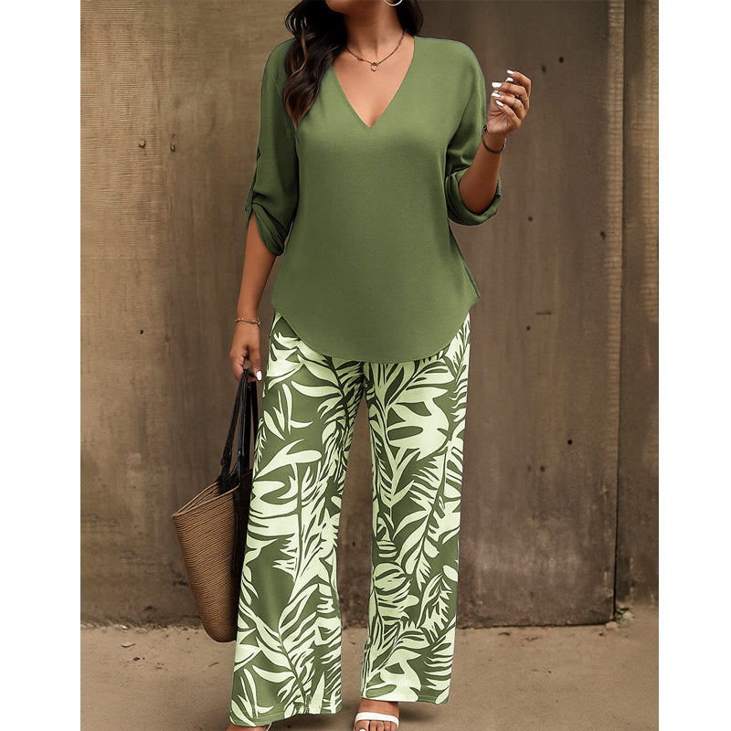 💖LAST DAY SALE: 70% Off !!💖Women's V-Neck Blouse & Printed Wide-Leg Pants Set