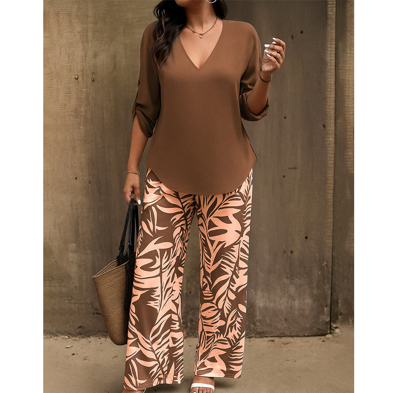 💖LAST DAY SALE: 70% Off !!💖Women's V-Neck Blouse & Printed Wide-Leg Pants Set