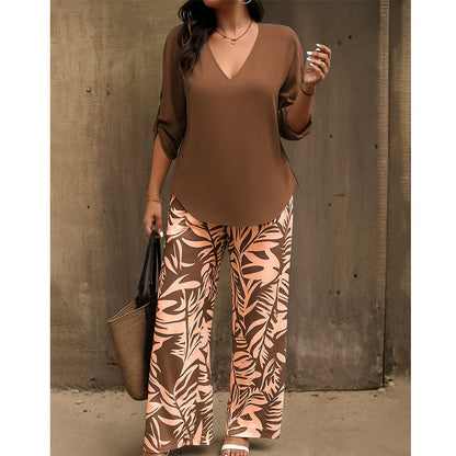 💖LAST DAY SALE: 70% Off !!💖Women's V-Neck Blouse & Printed Wide-Leg Pants Set