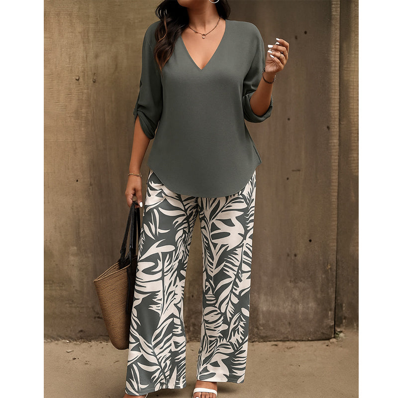 💖LAST DAY SALE: 70% Off !!💖Women's V-Neck Blouse & Printed Wide-Leg Pants Set