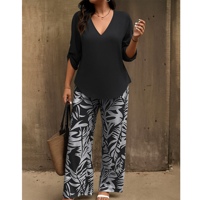 💖LAST DAY SALE: 70% Off !!💖Women's V-Neck Blouse & Printed Wide-Leg Pants Set
