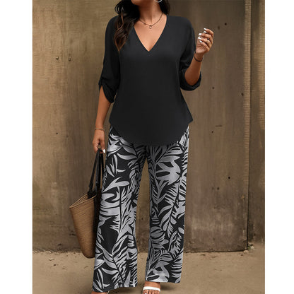 💖LAST DAY SALE: 70% Off !!💖Women's V-Neck Blouse & Printed Wide-Leg Pants Set