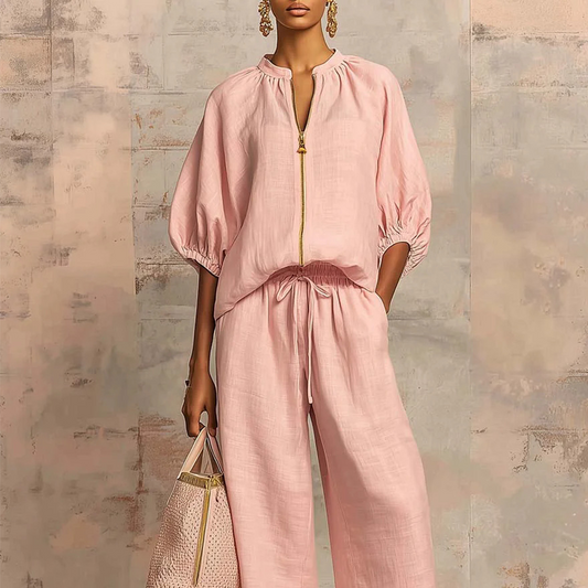 👚IMITED-TIME 70%OFF! 👖 Women's Solid  Color 2-Piece Tracksuit -Puff Sleeve, Wide Leg,Zipper Detail✨