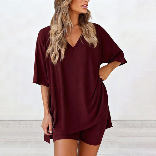 📢LAST DAY SALE 50% OFF !! ⏰Women’s Summer Loungewear Set – Oversized V-Neck Top & Shorts 🌿☕