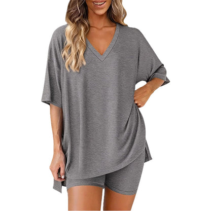 📢LAST DAY SALE 50% OFF !! ⏰Women’s Summer Loungewear Set – Oversized V-Neck Top & Shorts 🌿☕