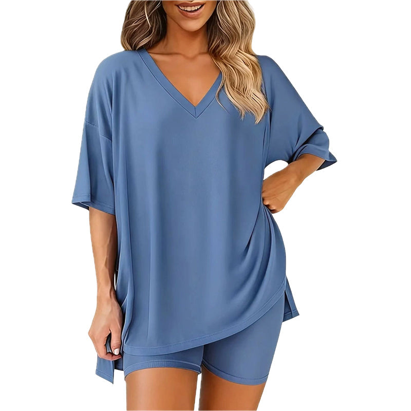 📢LAST DAY SALE 50% OFF !! ⏰Women’s Summer Loungewear Set – Oversized V-Neck Top & Shorts 🌿☕