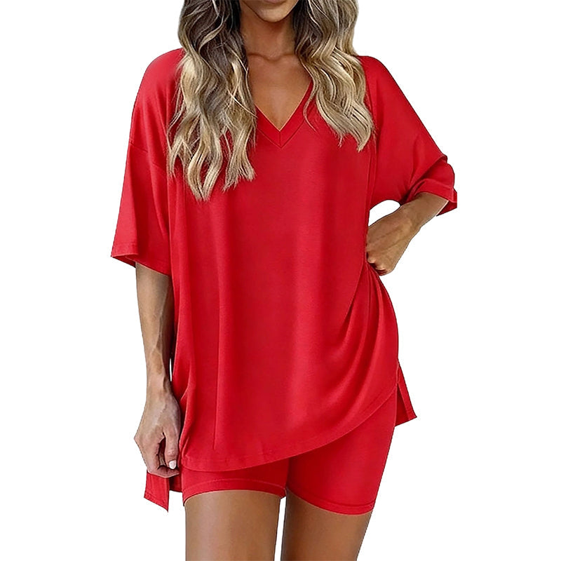 📢LAST DAY SALE 50% OFF !! ⏰Women’s Summer Loungewear Set – Oversized V-Neck Top & Shorts 🌿☕