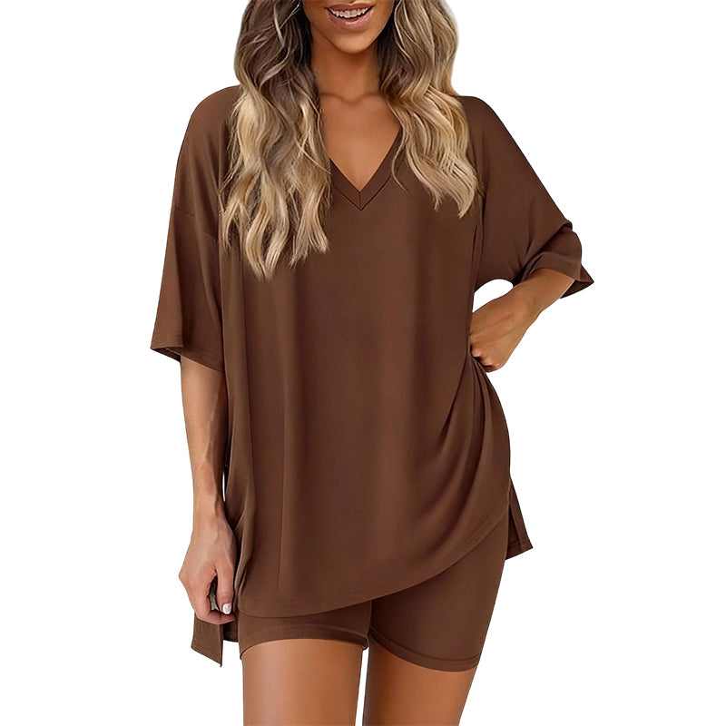📢LAST DAY SALE 50% OFF !! ⏰Women’s Summer Loungewear Set – Oversized V-Neck Top & Shorts 🌿☕