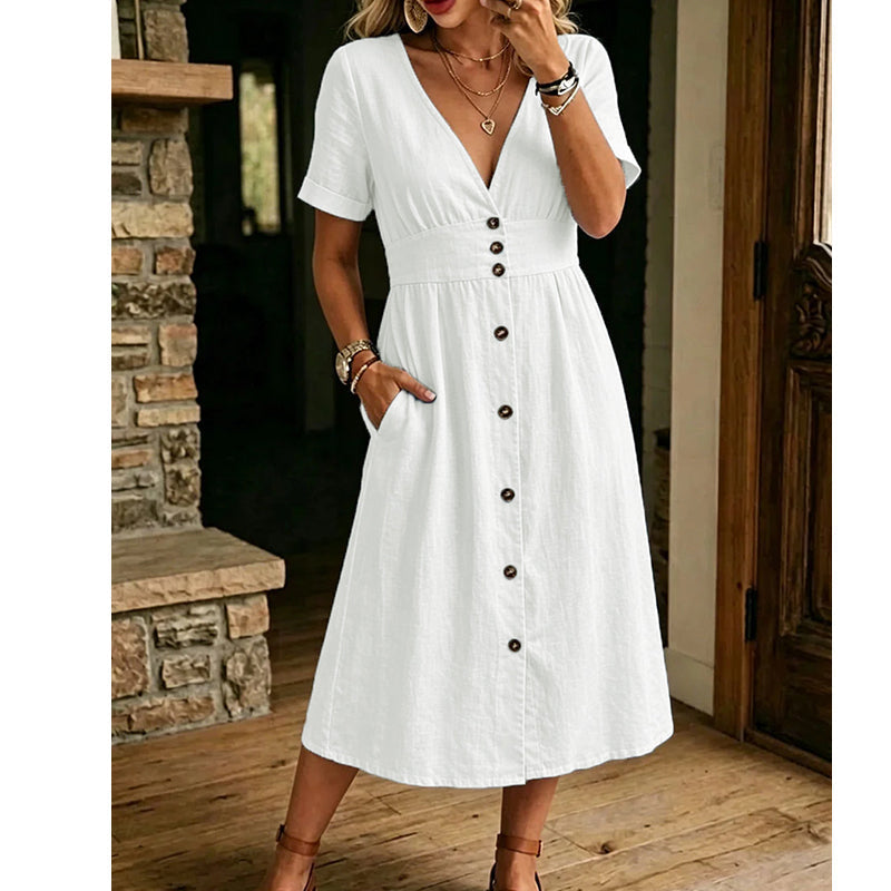 👗 50% OFF NOW! ☀️ Women's Summer V-Neck Button-Down Dress – Lightweight & flowy – Perfect for beach, brunch or casual days – easy, breezy style 🌸✨