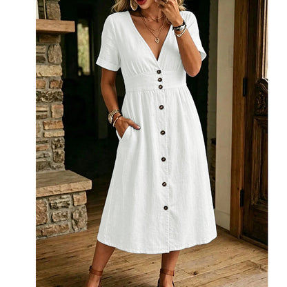 👗 50% OFF NOW! ☀️ Women's Summer V-Neck Button-Down Dress – Lightweight & flowy – Perfect for beach, brunch or casual days – easy, breezy style 🌸✨