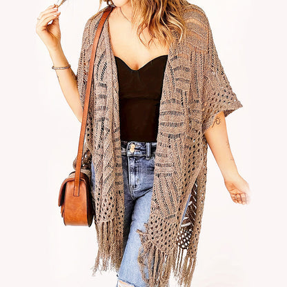 🌊SUMMER HOT SALE 50% OFF!✨ Women's Open-Front Knit Cover-Up with Tassel Fringe – Bohemian & Lightweight – Beach Essential 🌴