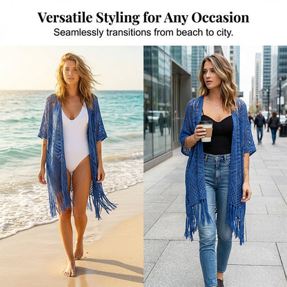 🌊SUMMER HOT SALE 50% OFF!✨ Women's Open-Front Knit Cover-Up with Tassel Fringe – Bohemian & Lightweight – Beach Essential 🌴