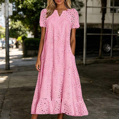 ⏰Summer Hot Sale 70% OFF💃Women Summer Ruffle Hem Floral Lace Eyelet Dress Casual Notch Neck Midi Tunic Dress with Pocket