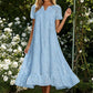 ⏰Summer Hot Sale 70% OFF💃Women Summer Ruffle Hem Floral Lace Eyelet Dress Casual Notch Neck Midi Tunic Dress with Pocket