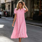⏰Summer Hot Sale 70% OFF💃Women Summer Ruffle Hem Floral Lace Eyelet Dress Casual Notch Neck Midi Tunic Dress with Pocket