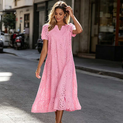 ⏰Summer Hot Sale 70% OFF💃Women Summer Ruffle Hem Floral Lace Eyelet Dress Casual Notch Neck Midi Tunic Dress with Pocket