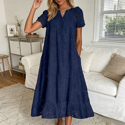 ⏰Summer Hot Sale 70% OFF💃Women Summer Ruffle Hem Floral Lace Eyelet Dress Casual Notch Neck Midi Tunic Dress with Pocket