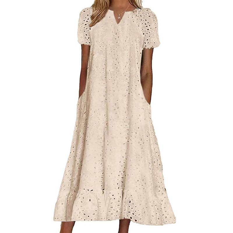 ⏰Summer Hot Sale 70% OFF💃Women Summer Ruffle Hem Floral Lace Eyelet Dress Casual Notch Neck Midi Tunic Dress with Pocket