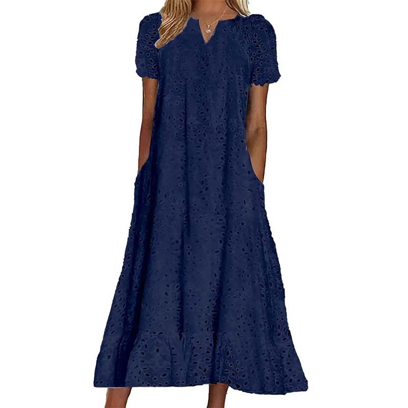 ⏰Summer Hot Sale 70% OFF💃Women Summer Ruffle Hem Floral Lace Eyelet Dress Casual Notch Neck Midi Tunic Dress with Pocket