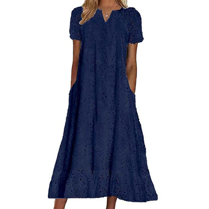 ⏰Summer Hot Sale 70% OFF💃Women Summer Ruffle Hem Floral Lace Eyelet Dress Casual Notch Neck Midi Tunic Dress with Pocket