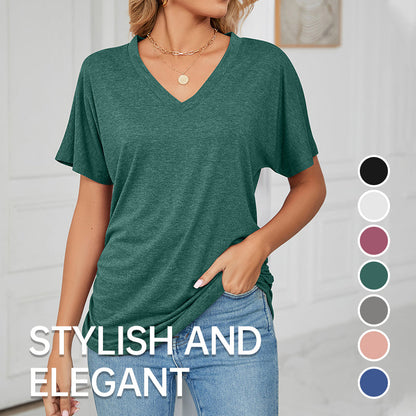 ⏰Summer Hot Sale 70% OFF👚Women's V-Neck Loose Soft Solid Color Short Sleeve Top