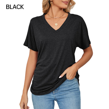 ⏰Summer Hot Sale 70% OFF👚Women's V-Neck Loose Soft Solid Color Short Sleeve Top