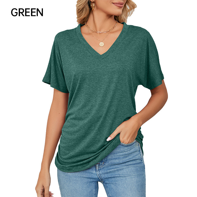 ⏰Summer Hot Sale 70% OFF👚Women's V-Neck Loose Soft Solid Color Short Sleeve Top