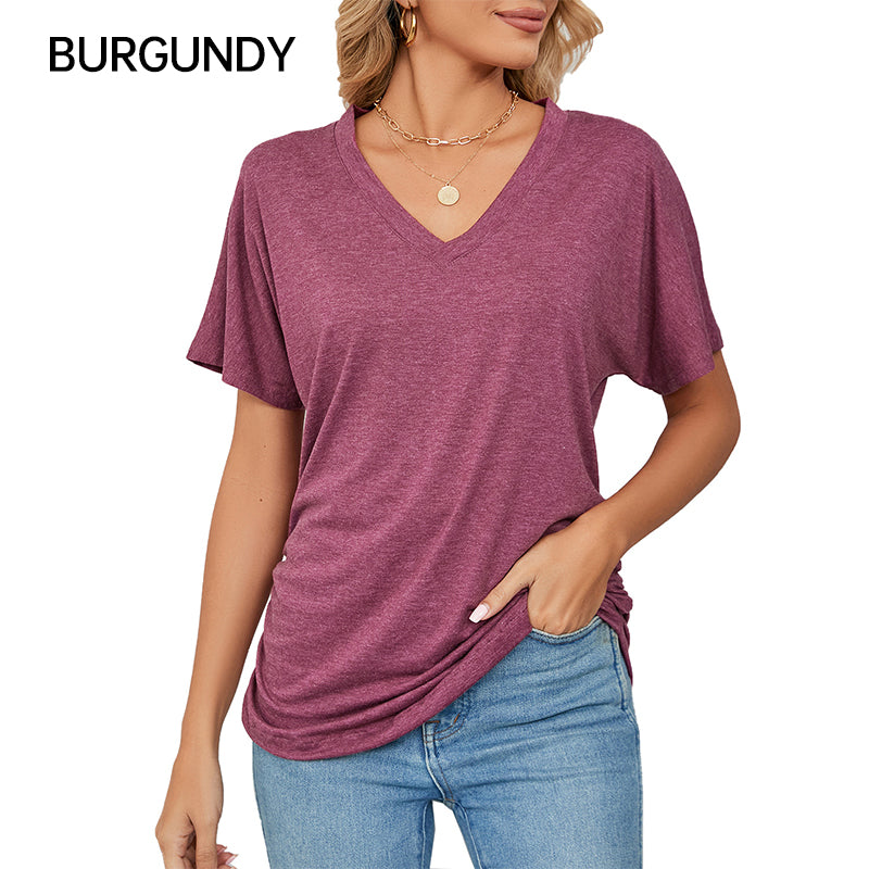 ⏰Summer Hot Sale 70% OFF👚Women's V-Neck Loose Soft Solid Color Short Sleeve Top