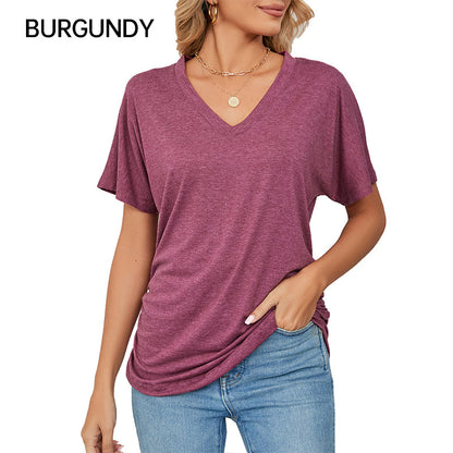 ⏰Summer Hot Sale 70% OFF👚Women's V-Neck Loose Soft Solid Color Short Sleeve Top