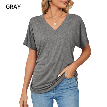 ⏰Summer Hot Sale 70% OFF👚Women's V-Neck Loose Soft Solid Color Short Sleeve Top