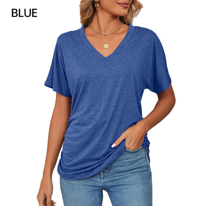 ⏰Summer Hot Sale 70% OFF👚Women's V-Neck Loose Soft Solid Color Short Sleeve Top