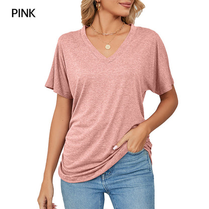 ⏰Summer Hot Sale 70% OFF👚Women's V-Neck Loose Soft Solid Color Short Sleeve Top