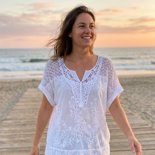 🌸 Elegant Lace Embroidered V-Neck Top – Relaxed Fit, Floral Detail. 49% OFF Limited Offer!