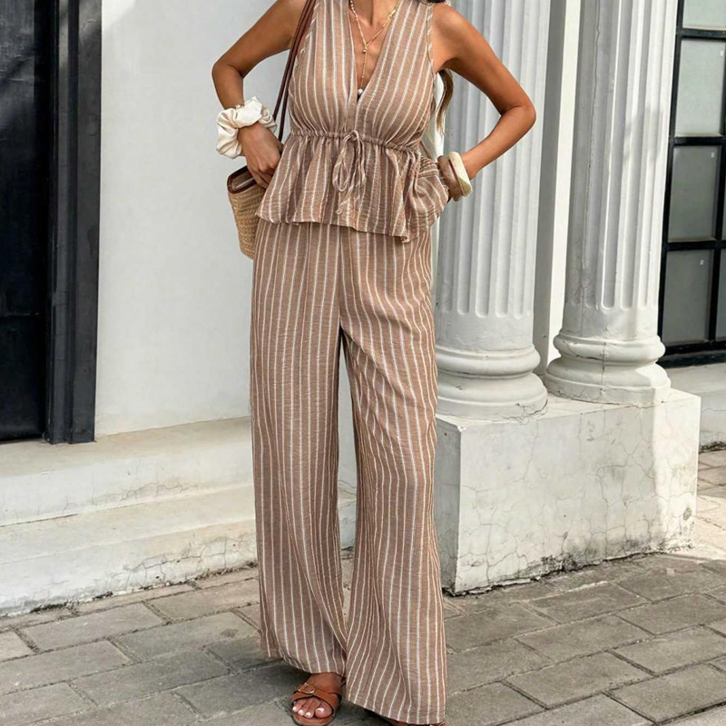🏖️Limited Time Sale 50% OFF!🌞Women's Striped Tie-Waist Co-ord Set – Sleeveless Blouse & Wide-Leg Trousers 💫🌿  Vintage Boho Style • Casual Commuter Wear • Lightweight & Flowy💃
