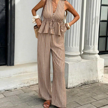 🏖️Limited Time Sale 50% OFF!🌞Women's Striped Tie-Waist Co-ord Set – Sleeveless Blouse & Wide-Leg Trousers 💫🌿  Vintage Boho Style • Casual Commuter Wear • Lightweight & Flowy💃