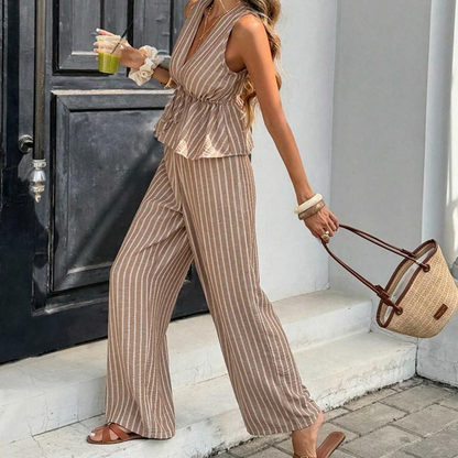 🏖️Limited Time Sale 50% OFF!🌞Women's Striped Tie-Waist Co-ord Set – Sleeveless Blouse & Wide-Leg Trousers 💫🌿  Vintage Boho Style • Casual Commuter Wear • Lightweight & Flowy💃