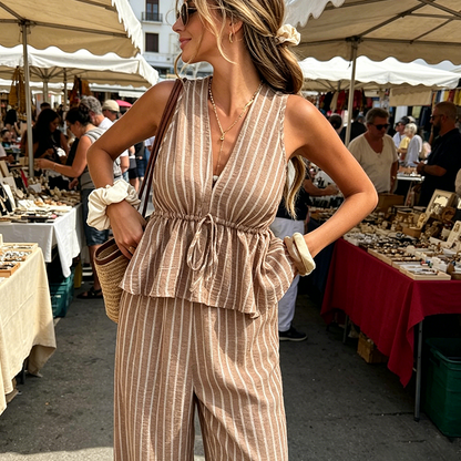 🏖️Limited Time Sale 50% OFF!🌞Women's Striped Tie-Waist Co-ord Set – Sleeveless Blouse & Wide-Leg Trousers 💫🌿  Vintage Boho Style • Casual Commuter Wear • Lightweight & Flowy💃