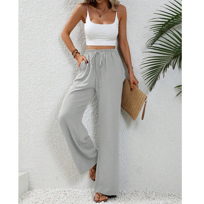 💖LAST DAY SALE 50% OFF💷Women's Summer Wide Leg Pants Flowy Drawstring Elastic Waist Trousers with Pockets