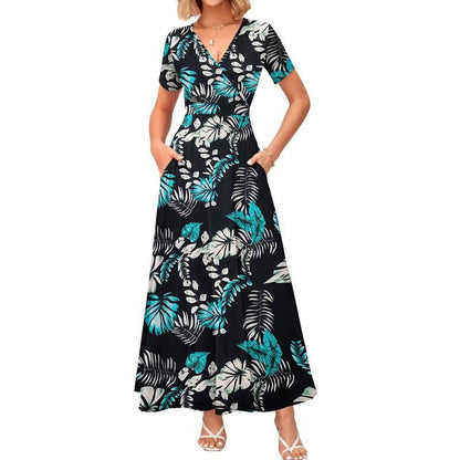 👗2026 Summer Hot Sale 49% OFF🌈 Women's V neck Ankle Length Floral Print Beach Long Flowy  Maxi Dress with Pockets🎀
