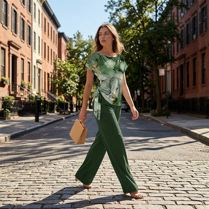 ⏳Last Day 50% OFF☀️🎁Women’s Printed Wide-Leg Lounge Set 🌸Breathable 2-Piece Outfit • Soft Knot Top + Flowing Trousers • Wrinkle-Resistant 🌿🇬🇧