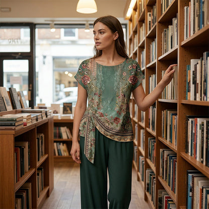 ⏳Last Day 50% OFF☀️🎁Women’s Printed Wide-Leg Lounge Set 🌸Breathable 2-Piece Outfit • Soft Knot Top + Flowing Trousers • Wrinkle-Resistant 🌿🇬🇧