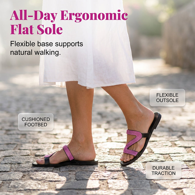 👡 50% OFF NOW! 🌸 Women's Rhinestone Flat Slide Sandals – Sparkly & cushioned – Easy slip-on, perfect for beach or everyday glam ✨🏖️