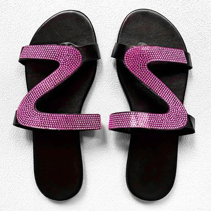 👡 50% OFF NOW! 🌸 Women's Rhinestone Flat Slide Sandals – Sparkly & cushioned – Easy slip-on, perfect for beach or everyday glam ✨🏖️