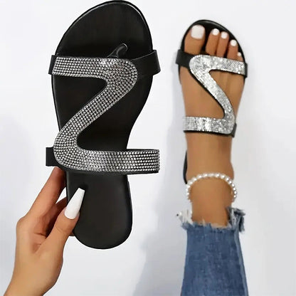 👡 50% OFF NOW! 🌸 Women's Rhinestone Flat Slide Sandals – Sparkly & cushioned – Easy slip-on, perfect for beach or everyday glam ✨🏖️