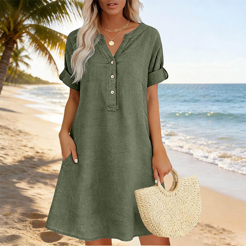 👗Last Day Special Price ￡13.99!!✨Women's Casual V-Neck Cotton Linen Dress with Pockets