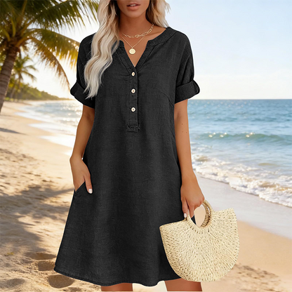 👗Last Day Special Price ￡13.99!!✨Women's Casual V-Neck Cotton Linen Dress with Pockets