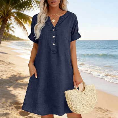 👗Last Day Special Price ￡13.99!!✨Women's Casual V-Neck Cotton Linen Dress with Pockets