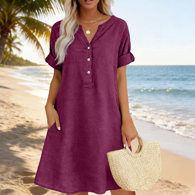 👗Last Day Special Price ￡13.99!!✨Women's Casual V-Neck Cotton Linen Dress with Pockets